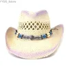 قبعات واسعة الحافة دلو القبعات Hoaree Cowboy Hat Panama Str يدويًا قبعة صيف شاطئ شاطئ واسع الحافة القبعات Sombreros de Mujer YQ231116