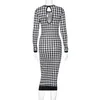 Vestidos casuais básicos houndstooth impressão mulheres manga longa midi vestido oco out bodycon sexy streetwear outono inverno clube elegante magro 231116