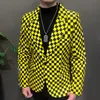 Ternos masculinos blazers preto amarelo cor contraste grade streetwear hip hop cantor dançarino casaco trajes de palco homens único botão magro terno blazer jaqueta 231115