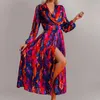 Casual Dresses Bohemian Floral Printed Wrap V Neck Dress for Women Autumn Long Sleeve Elastic Midjeband Birthday Shirts Vestidos