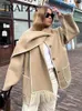 Women's Wool Blends TRAFZA Women Fashion Woolen Coat Patchwork Tassel Coats With Scarf Long Sleeve Pocket Single Breasted Jacket Winter Outerwear 231116