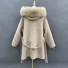 Damen Pelzimitat MISSJANEFUR Kaschmirmantel Damenmode Caual Trim Hood Wolljacke mit großen Taschen Lose Gürtel 231115