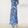 작업 드레스 Miyake 인쇄 티셔츠 탑 여자 2023 가을 세트 패션 및 다목적 하이 허리 미드 길이 드레스 2 조각