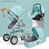 Wózki# Baby Stroller 3 w 1 z fotelikiem samochodowym Luksusowy wielofunkcyjny powóz dla niemowląt niebieski składany wózek dla dzieci Wysoki krajobraz Nowonarodzony samochód Q231116