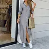 Grundläggande avslappnade klänningar Summer Fashion Elegant Shirt Dres 2023 Tryck långärmad knapp damer Kontor Holiday Kläder Kvinna Maxi 231116