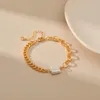 Charmarmband mkopsz enkel guldfärg metall tjock kedja sömmar armband fyrkantig imitation pärlhänge för kvinnor mode smycken