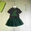 Conjuntos de roupas de designer de luxo moda meninas bonito gaze saia algodão 2022 duas peças terno cci marca crianças puff manga vestido camisas tshirt ternos roupas de bebê