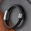 Charm Bracelets Design Two Layers Braided Rope Brown Black Leather Bracelet For Stainless Steel Men Bangles Jewelry Birthday Gifts