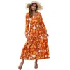 Vêtements ethniques femme africaine tenue mode imprimé fleuri robe robes de dîner pour femmes Orange ou noir printemps été automne col en V