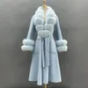 女性の毛皮のフェイクミスジャネフール冬のコート本物の襟カシミアウールジャケットラグジュアリーロングトレンチパッド入りオーバーコート女性231115