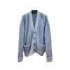 2023 Automne Bleu Couleur Unie Mohair Tricoté Cardigan Pull À Manches Longues Col En V Double Poches Simple Boutonnage Lâche Chandails Manteaux Q3N141531