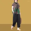 여자 2 피스 바지 캐주얼 세트 느슨한 면화 린넨 짧은 슬리브 폴로 넥 티셔츠와 하렘 한국 패션 여성 의상