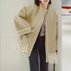 Women's Wool Blends Women wool Scarf Collar Coat Double-sided Woolen Single Breasted Autumn Winter Loose Embroidery Trim Female Casual Jacket 231116