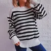 Women's Sweaters Neck Vintage Striped Sweater Pullovers For Women Casual Loose Long Sleeves Jumpers Autumn Female Drop Shoulder Kintting Top