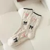 Women Socks Little Fresh Tulip Medium Tube With Bow Knot Beige Spring/Summer Women's Long Japanese Cute Girl Cotton