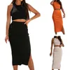 Work Dresses 2023 Ladies Long Dress Set Women'S Fashion Solid Color Slim Sleeveless Midriff Skirt Suit With Slit
