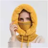 Beanie/Skull Caps Winter Cap With Mask Set Hooded For Women Warm Knitted Cashmere Outdoor Ski Windproof Hat Thick Plush Fluffy News Br Dh1Ob