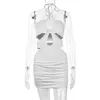 Vestidos casuais verão moda branco oco out sexy nightclub vestido mulheres lace up halter-pescoço praia férias mini hip saia feminina desgaste