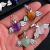 Natural Stone Heart Wing Pendant for Women Rose Quartz Amethyst Tiger Eye Charms for Jewelry Making Necklaces Wholesale