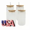 USA Lokaal Magazijn 16oz Glazen Waterflessen DIY Sublimatie Blanks Blikjes Vormige Bierbekers met Tuimelaars Bamboe Deksel en Stro voor Iced Coffee Soda 0416