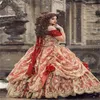 Mittelalterliche rotgoldene Quinceanera-Kleider Charro Vestidos De Xv Anos Sechzehnter Geburtstag besondere Anlässe Party Renaissance Halloween Sweet 16 Dress Lace Up 3D-Blumen