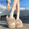 Chinelos inverno peludo 7cm grosso sola plataforma sapatos de pele falsa macio quente pelúcia chinelo apartamentos fofo slides fuzzy mulher 231115