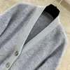 2023 Automne Bleu Couleur Unie Mohair Tricoté Cardigan Pull À Manches Longues Col En V Double Poches Simple Boutonnage Lâche Chandails Manteaux Q3N141531