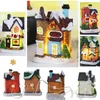 Decorative Objects Figurines LED Resin Christmas Village Ornaments Set Decoration Santa Claus Pine Needles Snow View House Holiday Gift Home Decor 231115