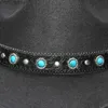 Szerokie brzegowe czapki wiadra czapki retro kobiety mężczyźni wełna filc szerokie kowboj Western Cowgirl Hat Fedora Cap Turquoise Bead Vintage Skórzany zespół 57cm/regulacja YQ231116