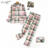 Pijamas cálidos de otoño e invierno para mujer, conjuntos de pijamas cálidos de franela de algodón para el hogar, pijamas con estampado a cuadros para mujer, ropa de dormir con estampado a cuadros de talla grande zln231116