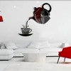 ウォールクロック3Dコーヒーカップティーポット自己接着アクリルミラークロックステッカーホームリビングルームの装飾ステッカー