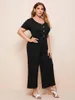 Pantalon grande taille élégant été printemps col en v profond dos manches courtes combinaisons femmes bouton avant taille élastique jambe large 7XL