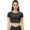 Actieve shirts 2023 Spring dames sport crop tops korte mouw nylon yoga zwart strakke strakke hoog elastische hardloop fitness wokout gym