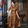 Ethnic Clothing Elegant Retro Women Traditional Mandarin Collar Qipao Summer Printed Satin Short Sleeve A-Line Cheongsam Dresses