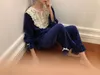 Women's Sleepwear Autumn Winter Women's Blue Velvet Pajama Sets.Vintage Ladies Style Embroidery Lace Pyjamas Set.Warm Sleepwear Loungewear 231116