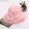 Breite Krempelnhüte Eimerhüte 2023 Neue elegante Sommer Organza Sonnenhüte für Frauen Breitkandel mit Big Fewer Fedora Hut Fashion Ladies Hochzeitskirchen Party Hut YQ231116