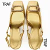 Dress Shoes TRAF Woman High heels Gold Mules Heels for Women Chunky Rhinestone Elegant Heeled Slingback Shoes Modern Office Wedding Pumps 231116