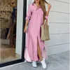 Grundläggande avslappnade klänningar Summer Fashion Elegant Shirt Dres 2023 Tryck långärmad knapp damer Kontor Holiday Kläder Kvinna Maxi 231116