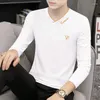 T-shirts pour hommes pur coton printemps automne lettre broderie col en v à manches longues loisirs vêtements pour hommes cinq couleurs fond confortable