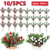 Dekoracje świąteczne 10 5pcs czerwona jagoda gmina gałęzi stożka gałęzi dekoracji dekoracji ozdoby prezentowe