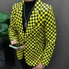 Ternos masculinos blazers preto amarelo cor contraste grade streetwear hip hop cantor dançarino casaco trajes de palco homens único botão magro terno blazer jaqueta 231115