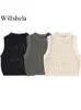 Damesvesten Willshela Damesmode Solid Hollow Out Cropped Gebreide Trui Vest Vintage Oneck Mouwloos Vrouwelijke Chic Lady Tank Tops 231116