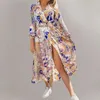 Casual Dresses Bohemian Floral Printed Wrap V Neck Dress for Women Autumn Long Sleeve Elastic Midjeband Birthday Shirts Vestidos