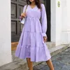 Casual Dresses Cotton Women Simple V Neck Puff Long Sleeve Smock Maxi Sundresses For Summer Kne Length Womens Fashion