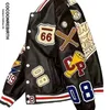 Herrjackor hiphop pu läderjacka män motorcykler flocking broderi lös cyklist baseballjackor unisex y2k high street racing coat 231116