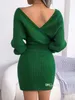 2023 Autumn Knit Sexy sukienki dla kobiety głębokie rękaw w szyku w dekolcie elegancka imprezowa sukienka solidna mini spódnica z długim rękawem