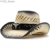 Hoeden met brede rand Emmerhoeden Vintage Retro OX Head Leren riem uitgehold Dames Heren Str Brede rand Strand Cowboy Cowgirl Westerse zonnehoed YQ231116