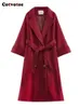 Manteau de laine rouge en fausse fourrure pour femmes, automne-hiver 2023, Vintage, col rabattu, manteaux longs, manches décontractées, veste à Double boutonnage 231115