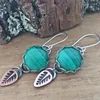 Dangle Earrings Fashion Round Metal Inlaid Green Stone Hook Women's Personality Feather Wedding Jewelry Gifts