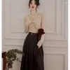 Work Dresses French Retro Two Piece Set For Women Autumn/Winter Plush Bow Bright Silk Knitted Leather Skirt Suit Elegant Fashion Female Belt